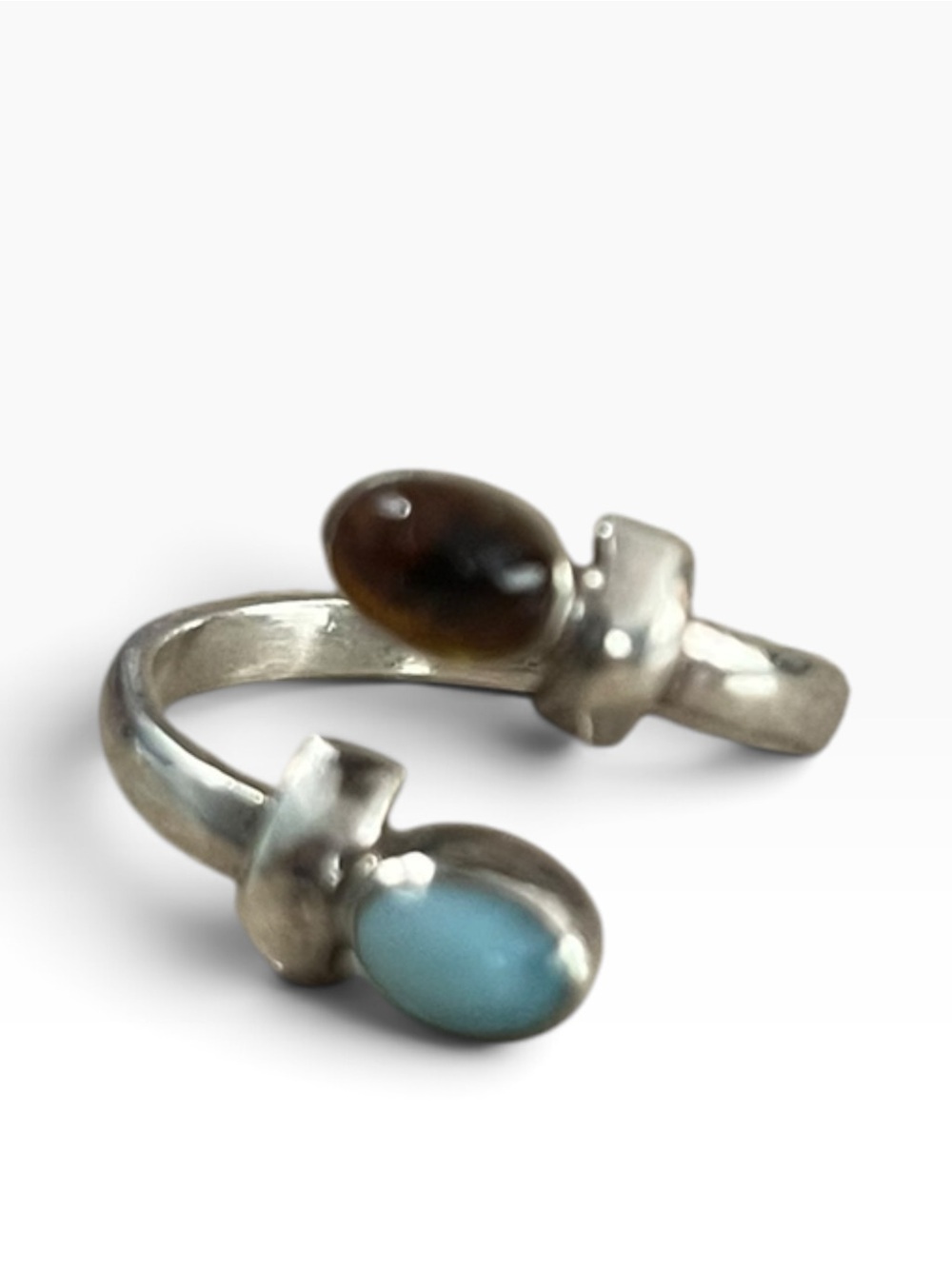 Sterling Silver Adjustable Double Stone Ring Turquoise & Amber
